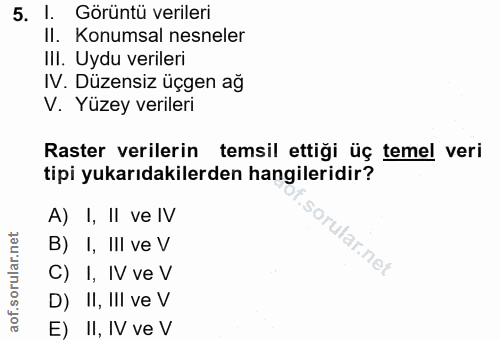 5. soru: Görüntü verileri II. Konumsal nesneler IlI. Uydu verileri IV. Düzensiz üçgen ağ V. Yüzey verileri Raster verilerin te…