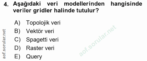 4. soru: Aşağıdaki veri modellerinden hangisinde veriler gridler halinde tutulur? A) Topolojik veri B) Vektör veri C) Spagetti…