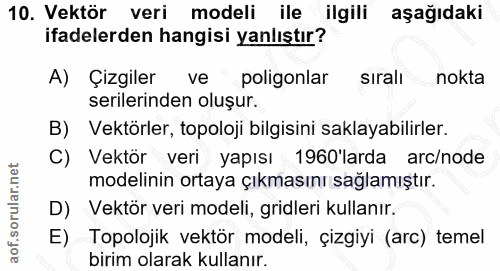 10. soru: Vektör veri modeli ile ilgili aşağıdaki ifadelerden hangisi yanlıştır? A) Çizgiler ve poligonlar sıralı nokta seriler…