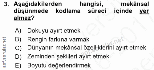 3. soru: Aşağıdakilerden hangisi, mekânsal düşünmede kodlama süreci içinde yer almaz? A) Dokuyu ayırt etmek B) Rengin farkına…