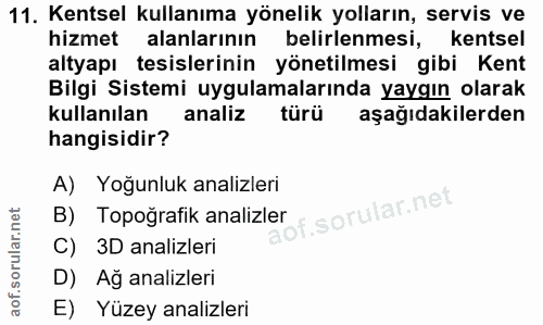 11. soru: Kentsel kullanıma yönelik yolların, servis ve hizmet alanlarının belirlenmesi, kentsel altyapı tesislerinin yönetilme…