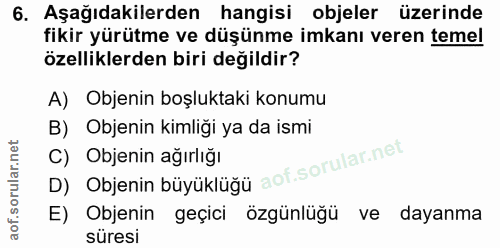 6. soru: Aşağıdakilerden hangisi objeler üzerinde fikir yürütme ve düşünme imkanı veren temel özelliklerden biri değildir? A)…