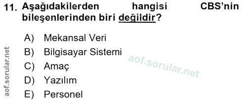 11. soru: Aşağıdakilerden hangisi CBS'nin bileşenlerinden biri değildir? A) Mekansal Veri B) Bilgisayar Sistemi C) Amaç D) Yazı…