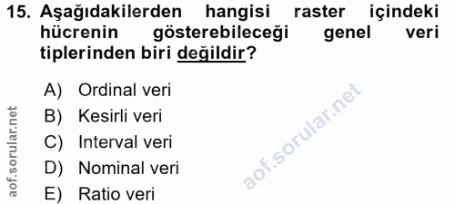 15. soru: Aşağıdakilerden hangisi raster içindeki hücrenin gösterebileceği genel veri tiplerinden biri değildir? A) Ordinal ver…