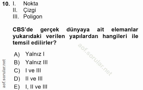 10. soru: I. Nokta Il. Çizgi III. Poligon CBS'de gerçek dünyaya ait elemanlar yukarıdaki verilen yapılardan hangileri ile temsi…