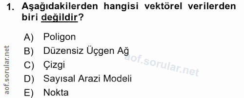 1. soru: Aşağıdakilerden hangisi vektörel verilerden biri değildir? A) Poligon B) Düzensiz Uçgen Ağ of. | C) Çizgi D) Sayısal…