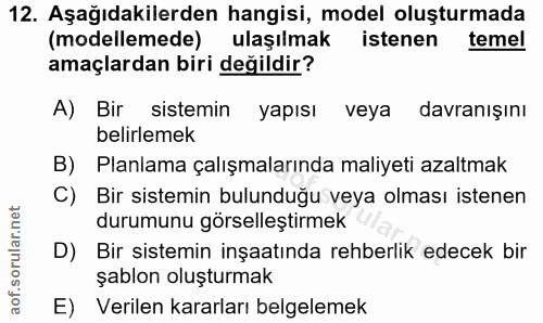 12. soru: Aşağıdakilerden hangisi, model oluşturmada (modellemede) ulaşılmak istenen temel amaçlardan biri değildir? A) Bir sis…