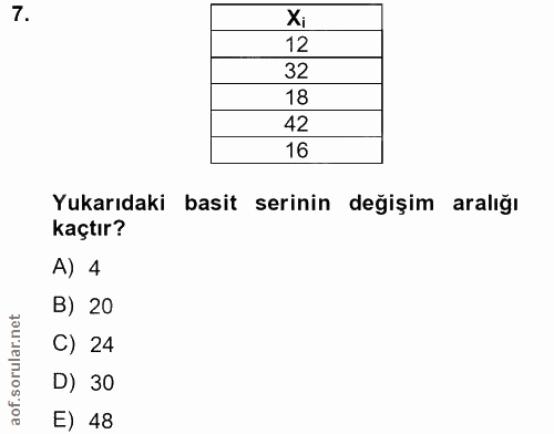 7. soru: Xi 12 32 18 42 16 Yukarıdaki basit serinin değişim aralığı kaçtır? A) 4 B) 20 C) 24 D) 30 E) 48