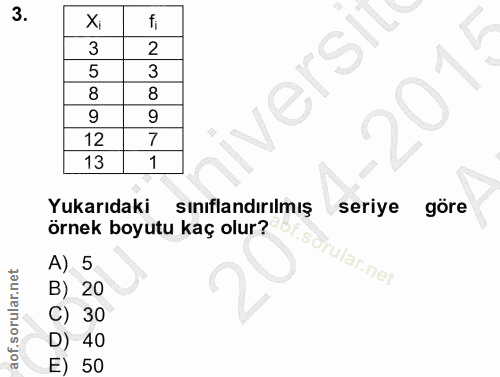 3. soru: X fi 3 2 versIle 8 9 12 13 1 Yukarıdaki sınıflandırılmış seriye göre örnek boyutu kaç olur? .sdrular.net A) 5 B) 20 C…