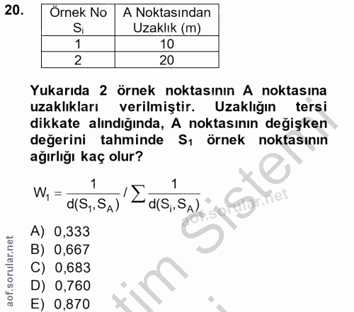 20. soru: Örnek No A Noktasından S Uzaklık (m) 1 10 2 20 Yukarıda 2 örnek noktasının A noktasına uzaklıkları verilmiştir. Uzakl…