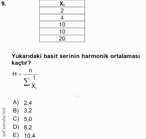 9. soru: Xi 2 4 10 10 20 Yukarıdaki basit serinin harmonik ortalaması kaçtır? H=- n Ex, A) 2,4 B) 3,2 C) 5,0 D) 8,2 E) 10,4