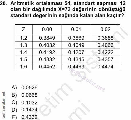 20. soru: Aritmetik ortalaması 54, standart sapması 12 olan bir dağılımda X=72 değerinin dönüştüğü standart değerinin sağında k…
