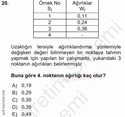 20. soru: Örnek No Ağırlıklar Wi 1 0,11 2 0,24 3 0,36 4 Uzaklığın tersiyle ağırlıklandırma yöntemiyle değişken değeri bilinmeye…
