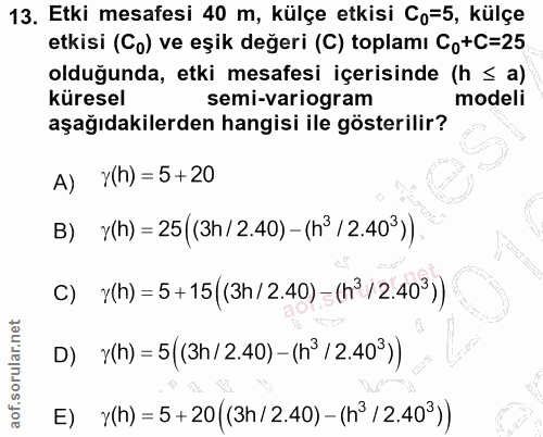 13. soru: Etki mesafesi 40 m, külçe etkisi Co=5, külçe etkisi (Co) ve eşik değeri (C) toplamı Co+C=25 olduğunda, etki mesafesi…