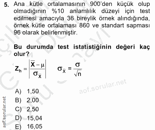 5. soru: Ana kütle ortalamasının 900'den küçük olup olmadığının %10 anlamlılık düzeyi için test edilmesi amacıyla 36 bireylik…