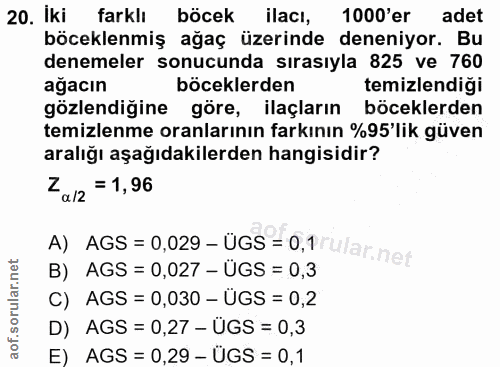 20. soru: Iki farklı böcek ilacl, 1000'er adet böceklenmiş ağaç üzerinde deneniyor. Bu denemeler sonucunda sırasıyla 825 ve 760…