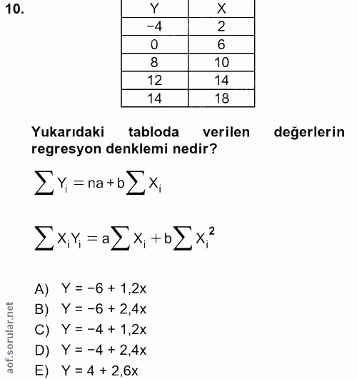 10. soru: Y -4 8 12 14 14 18 Yukarıdaki tabloda verilen değerlerin regresyon denklemi nedir? Ex= na+b2x, 2xy=a2x+b[x? A) Y = -6…