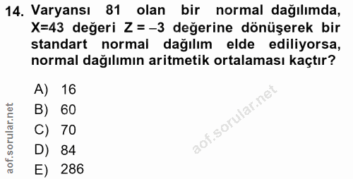 14. soru: Varyansı 81 olan bir normal dağılımda, X=43 değeri Z= -3 değerine dönüşerek bir standart normal dağılım elde ediliyor…