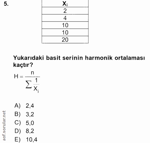5. soru: Xi 2 4 10 10 20 Yukarıdaki basit serinin harmonik ortalaması kaçtır? H= - n , 1 • X. A) 2,4 B) 3,2 () 5,0 D) 8,2 E) 10,4