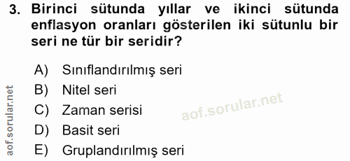 3. soru: Birinci sütunda yıllar ve ikinci sütunda enflasyon oranları gösterilen iki sütunlu bir seri ne tür bir seridir? A) Sı…