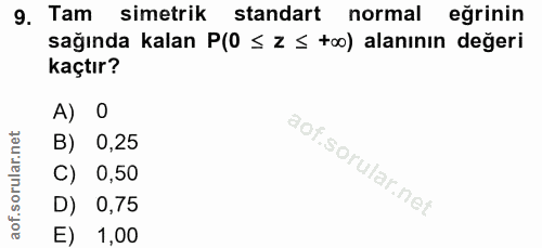 9. soru: Tam simetrik standart normal eğrinin sağında kalan P(0 ≤ z ≤ t0) alanının değeri kaçtır? A) B) 0,25 C) 0,50 D) 0,75 E…