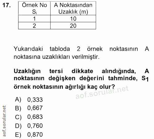 17. soru: Örnek No A Noktasından Uzaklık (m) 10 20 Yukarıdaki tabloda 2 örnek noktasının A noktasına uzaklıkları verilmiştir. U…