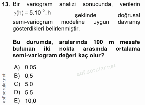 13. soru: Bir variogram analizi sonucunda, verilerin y(h) = 5.10-2 h şeklinde doğrusal semi-variogram modeline uygun davranış g…
