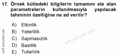 17. soru: Örnek kütledeki bilgilerin tamamını ele alan parametrelerin kullanılmasıyla yapılacak tahminin özelliğine ne ad veril…