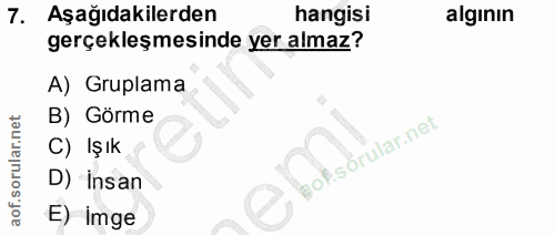 7. soru: Aşağıdakilerden hangisi alginin gerçekleşmesinde yer almaz? A) Gruplama B) Görme C) Işık bof. D) Insan E) imge