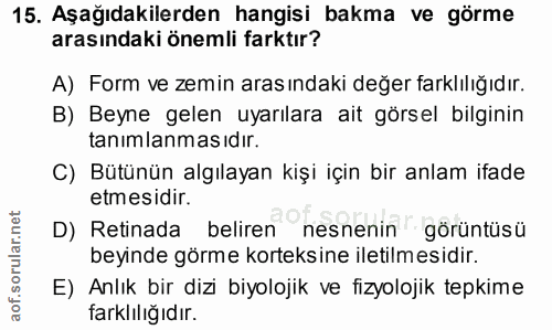 15. soru: Aşağıdakilerden hangisi bakma ve görme arasındaki önemli farktır? A) Form ve zemin arasındaki değer farklılığıdır. B)…
