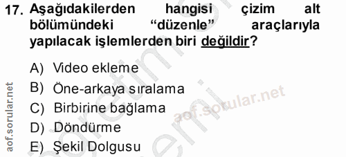 17. soru: Aşağıdakilerden hangisi Çizim alt bölümündeki "düzenle" araçlarıyla yapılacak işlemlerden biri değildir? A) Video ekl…