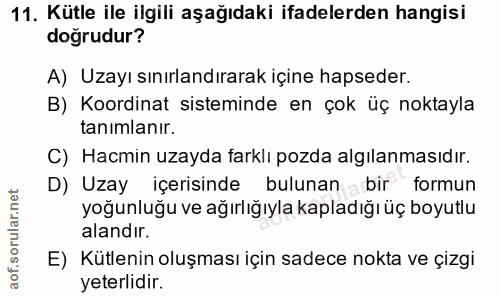 11. soru: Kütle ile ilgili aşağıdaki ifadelerden hangisi doğrudur? A) Uzayı sınırlandırarak içine hapseder. B) Koordinat sistem…