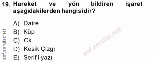 19. soru: Hareket ve yön bildiren işaret aşağıdakilerden hangisidir? A) Daire B) Kup C) Ok D) Kesik Çizgi E) Serifli yazı