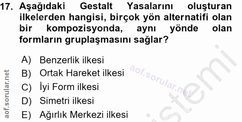 17. soru: Aşağıdaki Gestalt Yasalarını oluşturan ilkelerden hangisi, birçok yön alternatifi olan bir kompozisyonda, aynı yönde…