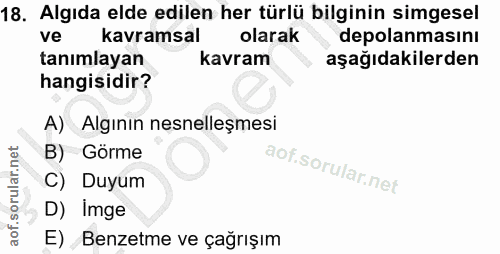 18. soru: Algıda elde edilen her türlü bilginin simgesel ve kavramsal olarak depolanmasını tanımlayan kavram aşağıdakilerden ha…