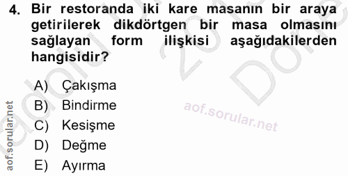 4. soru: Bir restoranda iki kare masanın bir araya getirilerek dikdörtgen bir masa olmasını sağlayan form ilişkisi aşağıdakile…