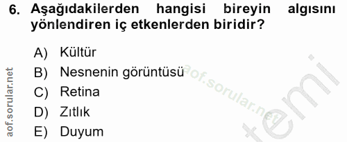 6. soru: Aşağıdakilerden hangisi bireyin algısını yönlendiren iç etkenlerden biridir? A) Kültür B) Nesnenin görüntüsü aof.soru…