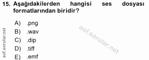 15. soru: Aşağıdakilerden hangisi ses dosyası formatlarından biridir? A) .png B) .wav C) .dip D) tiff E) .emf