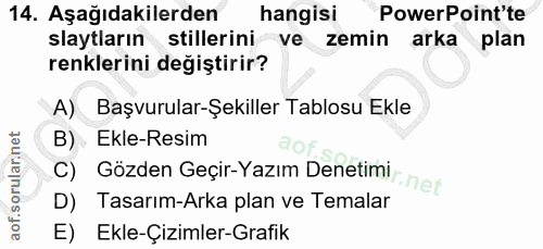 14. soru: Aşağıdakilerden hangisi PowerPoint'te slaytların stillerini ve zemin arka plan renklerini değiştirir? A) Başvurular-Ş…