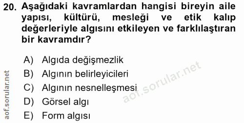 20. soru: Aşağıdaki kavramlardan hangisi bireyin aile yapısı, kültürü, mesleği ve etik kalıp değerleriyle algısını etkileyen ve…