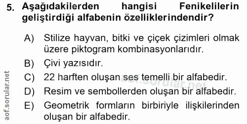 5. soru: Aşağıdakilerden hangisi Fenikelilerin geliştirdiği alfabenin özelliklerindendir? A) Stilize hayvan, bitki ve çiçek çi…
