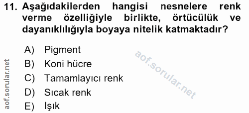 11. soru: Aşağıdakilerden hangisi nesnelere renk verme özelliğiyle birlikte, örtücülük ve dayanıklılığıyla boyaya nitelik katma…