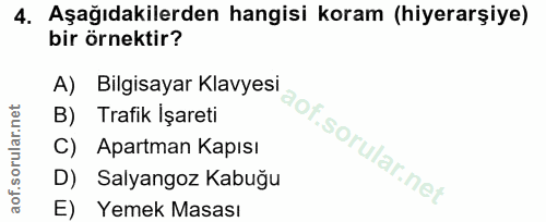 4. soru: Aşağıdakilerden hangisi koram (hiyerarşiye) bir örnektir? A) Bilgisayar Klavyesi B) Trafik Işareti C) Apartman Kapısı…