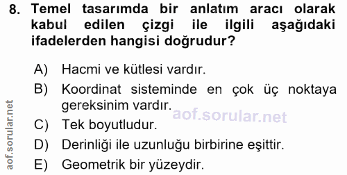 8. soru: Temel tasarımda bir anlatım aracı olarak kabul edilen çizgi ile ilgili aşağıdaki ifadelerden hangisi doğrudur? A) Hac…