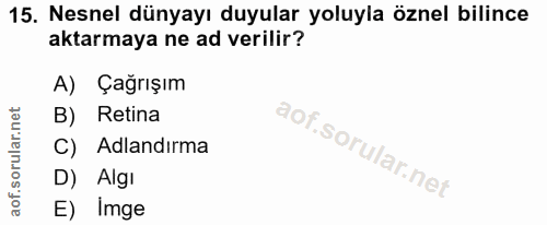 15. soru: Nesnel dünyayı duyular yoluyla öznel bilince aktarmaya ne ad verilir? A) Çağrışım B) Retina C) Adlandırma D) Algi E)…