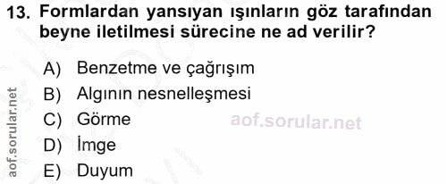 13. soru: Formlardan yansıyan ışınların göz tarafından beyne iletilmesi sürecine ne ad verilir? A) Benzetme ve çağrışım B) Algı…