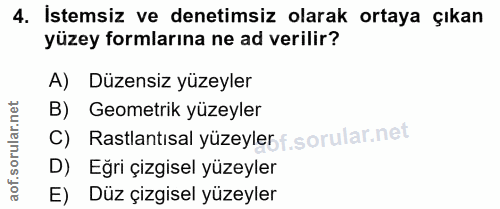 4. soru: İstemsiz ve denetimsiz olarak ortaya çıkan yüzey formlarına ne ad verilir? A) Düzensiz yüzeyler B) Geometrik yüzeyler…