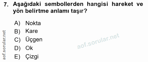 7. soru: Aşağıdaki sembollerden hangisi hareket ve yön belirtme anlamı taşır? A) Nokta rular.net B) Kare C) Üçgen aof.s D) Ok…