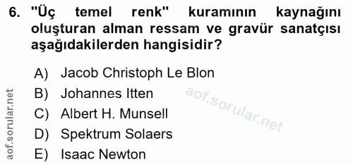 6. soru: "Üç temel renk" kuramının kaynağını oluşturan alman ressam ve gravür sanatçısı aşağıdakilerden hangisidir? A) Jacob C…