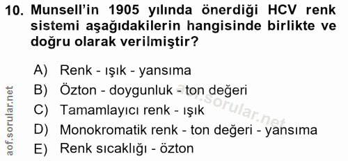 10. soru: Munsell'in 1905 yılında önerdiği HCV renk sistemi aşağıdakilerin hangisinde birlikte ve doğru olarak verilmiştir? A)…